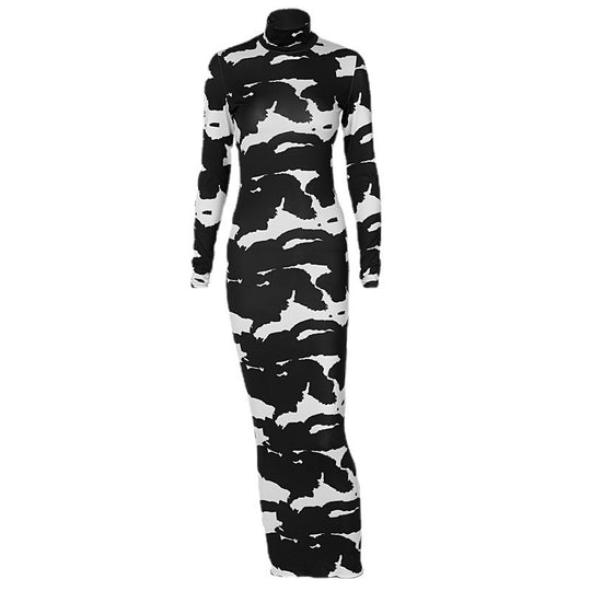 Damen Figurbetontes Stretch-Midikleid mit Rollkragen und abstraktem Animalprint Shop Nory