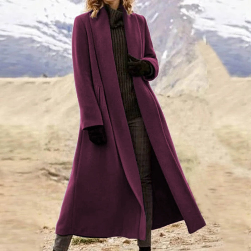 Damen eleganter langer Wollmix-Mantel mit offenem Fall und seitlichen Eingrifftaschen Shop Nory
