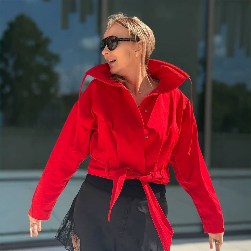 Damen Oversize Kurzjacke mit Taillengürtel und Hemdkragen Shop Nory