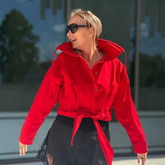 Damen Oversize Kurzjacke mit Taillengürtel und Hemdkragen Shop Nory