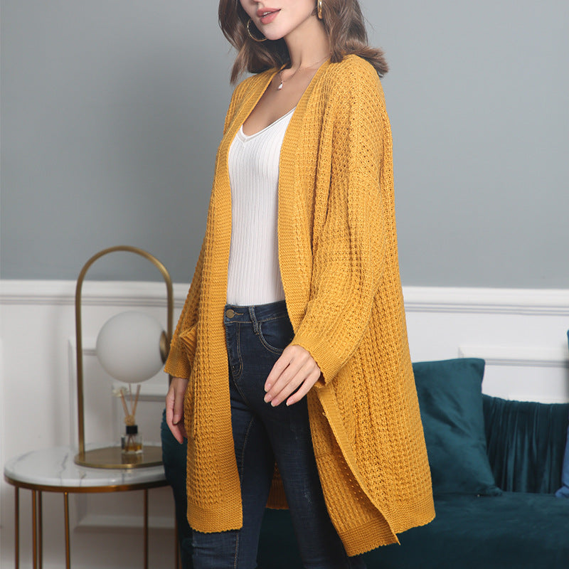 Damen Langer Oversize Strickmantel mit offener Front und aufgesetzten Taschen Shop Nory
