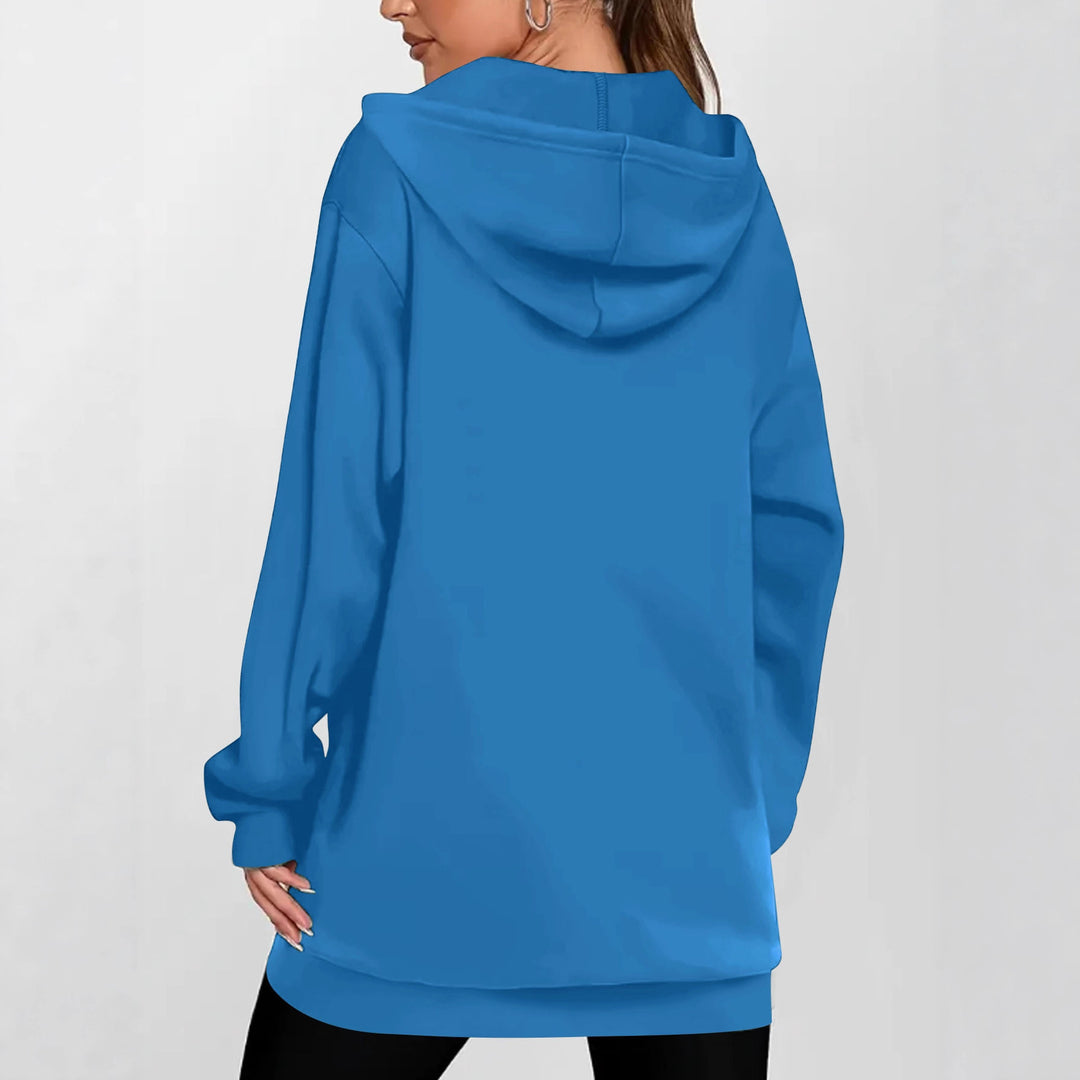 Damen Lange Kapuzen-Sweatjacke mit Metallreißverschluss, Kängurutaschen und figurumspielender Silhouette Shop Nory