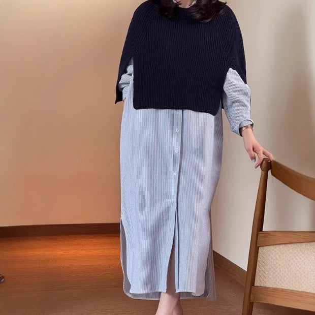Damen Langes Hemdblusenkleid aus Popeline mit feiner Streifenstruktur, Kordel‑Taille und Seitenschlitzen Shop Nory