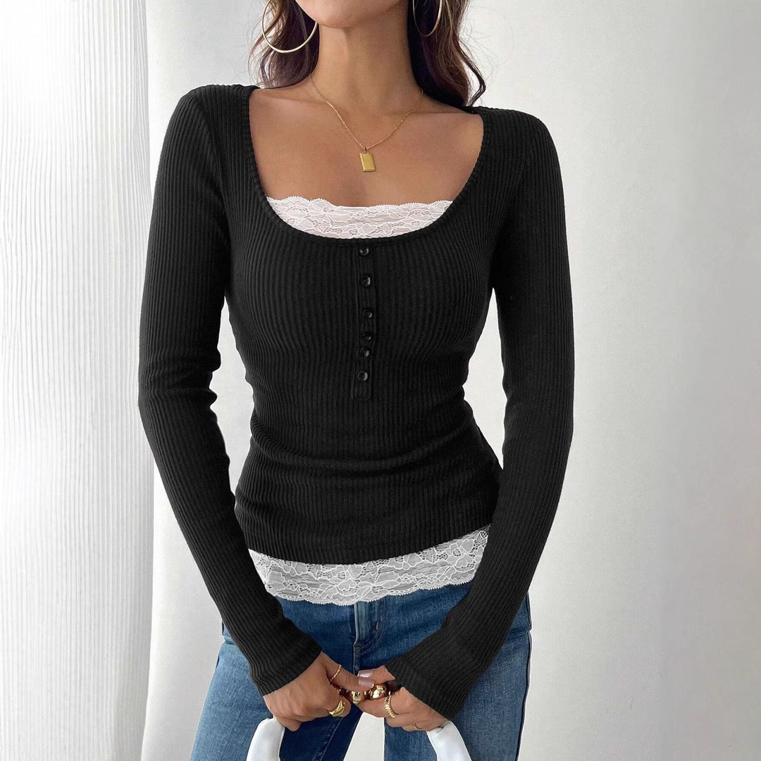 Damen Figurbetontes Rippenstrick-Top mit U‑Ausschnitt und Knopfleiste Shop Nory