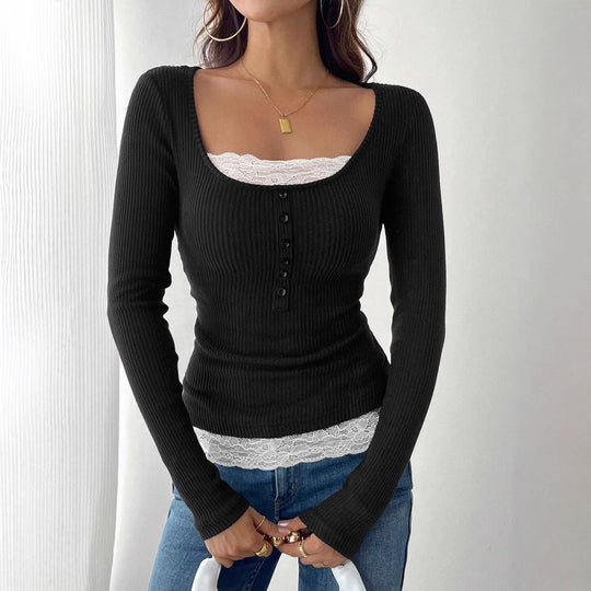 Damen Figurbetontes Rippenstrick-Top mit U‑Ausschnitt und Knopfleiste Shop Nory