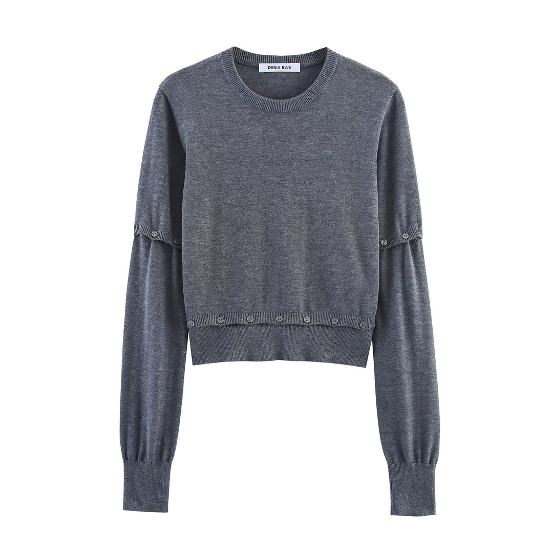 Damen Kurzer Feinstrick-Pullover mit Ballonärmeln und Dekoknopf-Bund Shop Nory