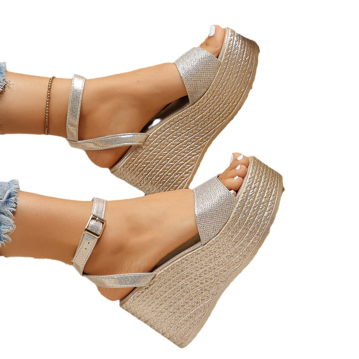 Damen modische Plateau-Sandalen mit glänzendem Obermaterial und verstellbarem Riemen