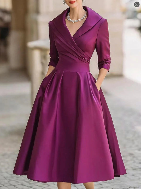 Damen Elegantes Satin-Midikleid mit Wickeloberteil, mittellangen Ärmeln und Eingrifftaschen Shop Nory