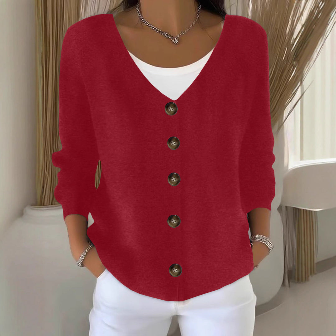 Damen Lockerer V-Ausschnitt Feinstrick-Cardigan mit Holzknopfleiste Shop Nory