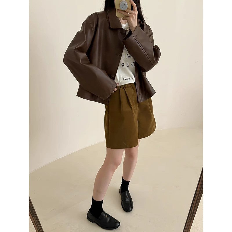 Damen Boxy‑Kunstleder‑Hemdjacke mit verdeckter Knopfleiste und überschnittenen Schultern Shop Nory