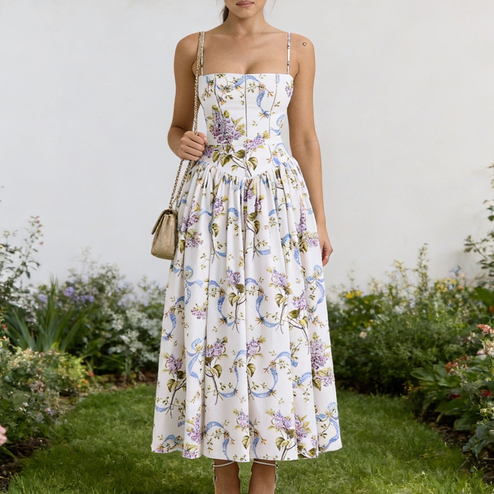 Damen Elegantes Maxikleid mit floralem Muster und schulterfreiem Design