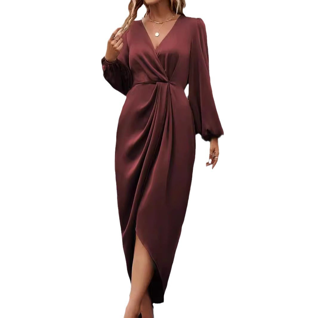 Damen nan tailliertes Drapé-Midikleid mit V-Ausschnitt Raffung Ballonärmeln und seitlichem Wickelschlitz