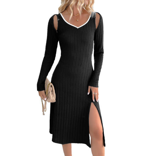 Damen Geripptes Strick-Midikleid mit V-Ausschnitt, figurbetonter Silhouette und seitlichem Schlitz Shop Nory