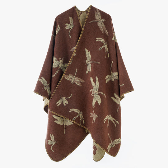 Damen Wollmix-Poncho mit Libellen-Jacquard und offenem Wasserfall-Schnitt Shop Nory
