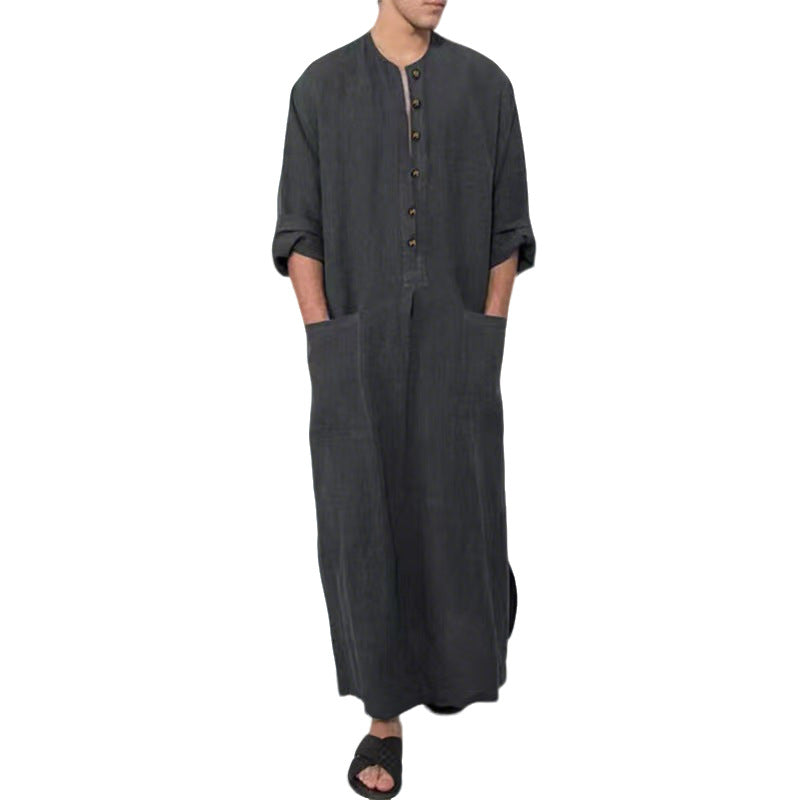 Herren nan weites langes Tunika-Kaftan aus atmungsaktivem Leinen mit Stehkragen Knopfblende und aufgesetzten Taschen