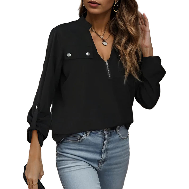 Damen Langarm-Bluse mit kurzem Reißverschluss, Brustklappen und V-Ausschnitt Shop Nory