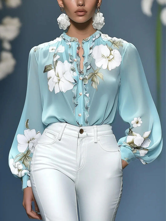 Damen Bluse mit floralem Design und Rüschen Shopnory