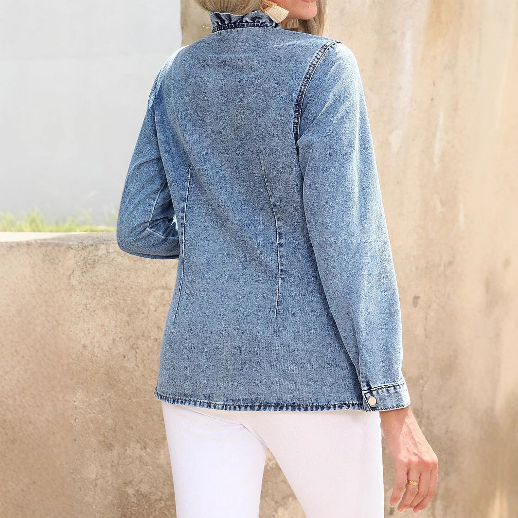 Damen Lässige lange Denim-Hemdjacke mit Stehkragen und Metallknopfleiste Shop Nory