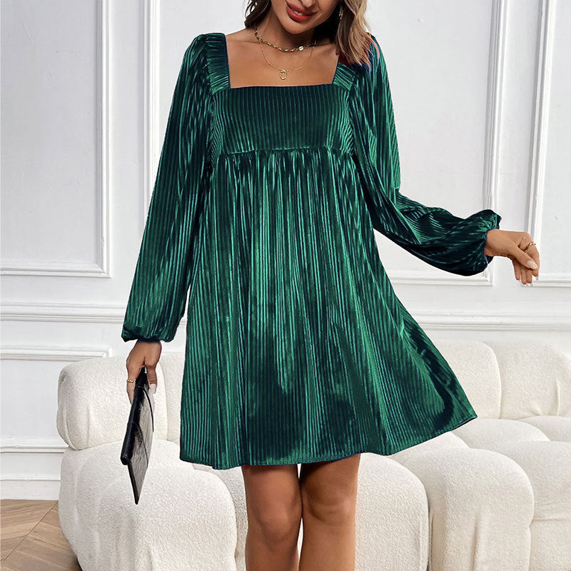 Damen Plissiertes Samt-Babydollkleid mit quadratischem Ausschnitt, Ballonärmeln und Eingrifftaschen Shop Nory