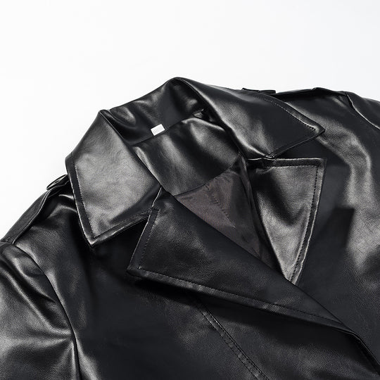 Damen Langer Trenchcoat aus Lederoptik mit Bindegürtel und Epauletten Shop Nory
