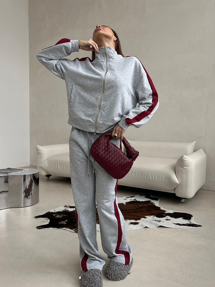 Damen weites Zip-Sweatset mit Kapuze, hohen Bund und seitlichem Kontraststreifen Shop Nory
