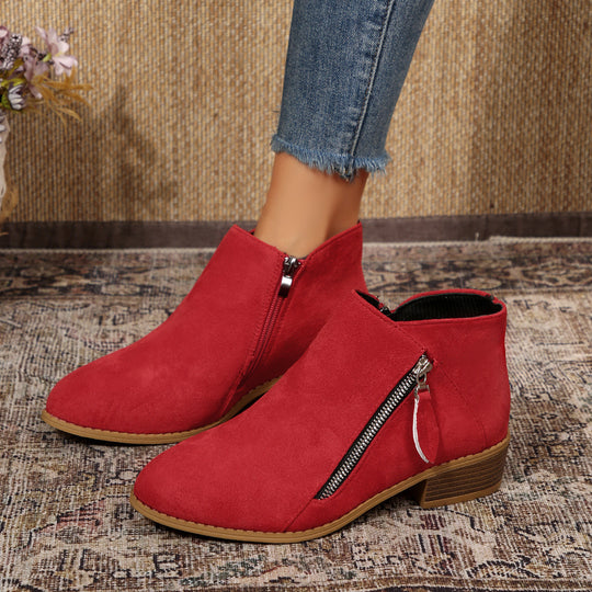 Damen Moderne Kurzschaft-Stiefelette mit sichtbarem Metallreißverschluss und niedriger Holzoptik-Blocksohle Shop Nory