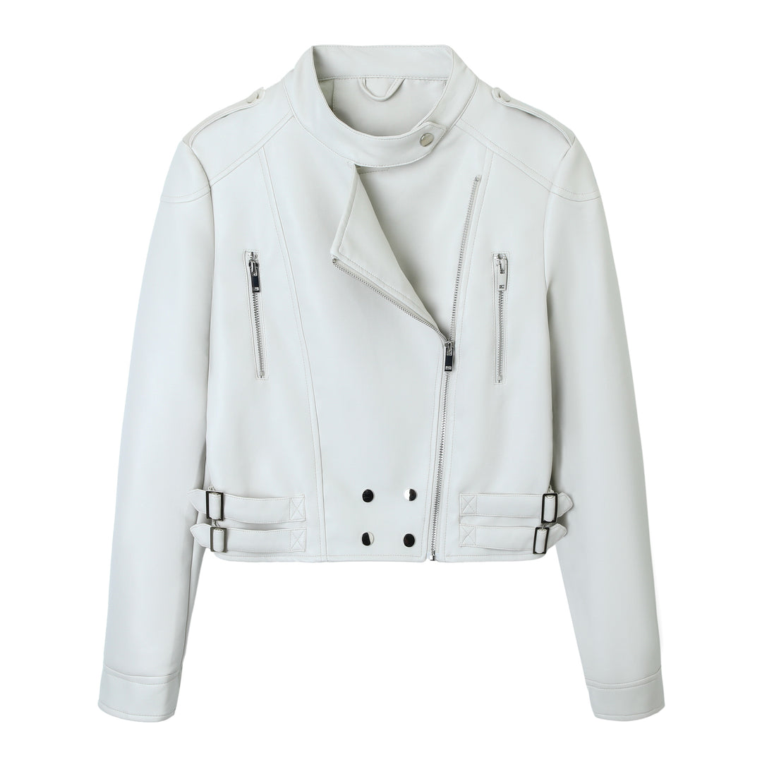 Damen Cropped Bikerjacke aus Kunstleder mit Stehkragen, Ziernähten und Doppel-Schnallen Shop Nory