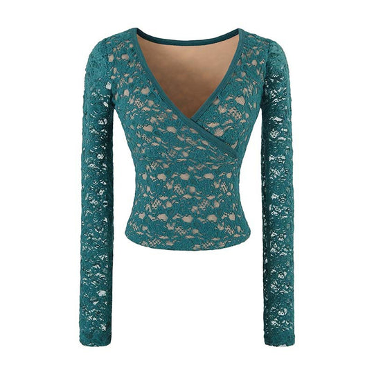 Damen Figurbetontes Spitzentop mit Wickel‑V‑Ausschnitt und langen Ärmeln Shop Nory