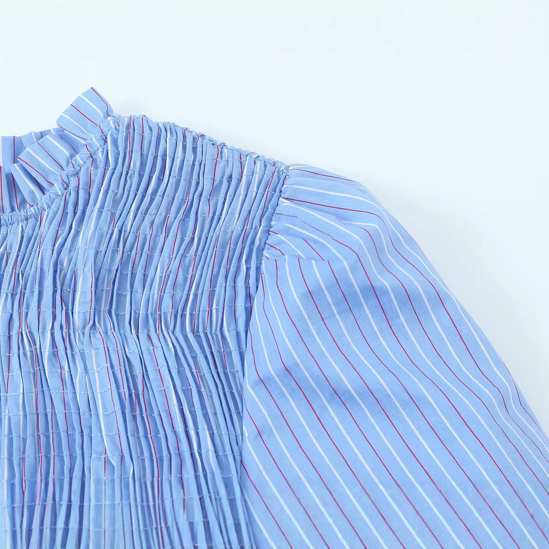 Damen Langärmlige Smockbluse mit Stehkragen und Volantsaum Shop Nory