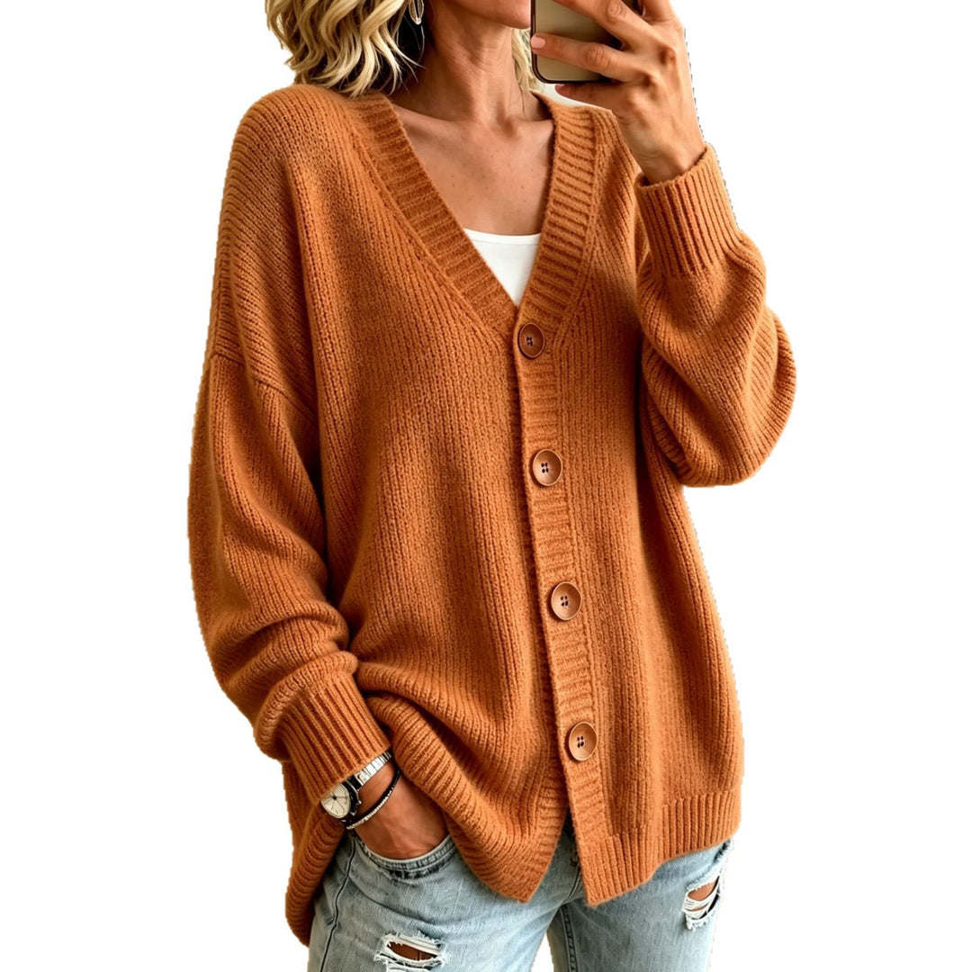 Damen Lockerer Longline-Cardigan mit tiefem V-Ausschnitt und Holzknöpfen Shop Nory
