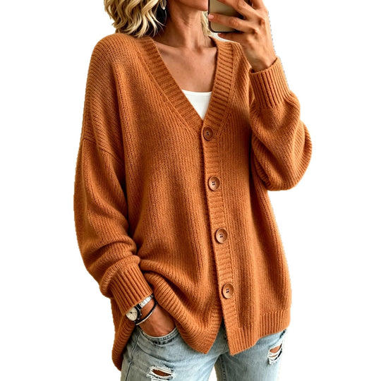 Damen Lockerer Longline-Cardigan mit tiefem V-Ausschnitt und Holzknöpfen Shop Nory
