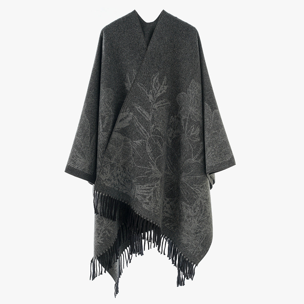 Damen V‑Ausschnitt Cape‑Poncho mit floralem Jacquard und Fransensaum Shop Nory