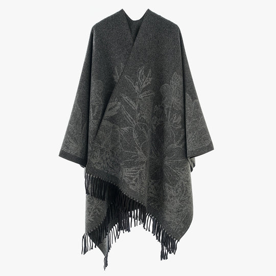 Damen V‑Ausschnitt Cape‑Poncho mit floralem Jacquard und Fransensaum Shop Nory