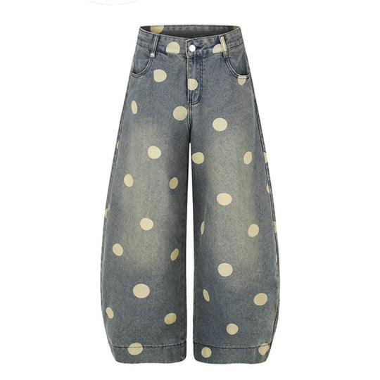 Damen Weite Jeans-Culotte im Palazzo-Stil mit hohem Bund und Punktmuster Shop Nory