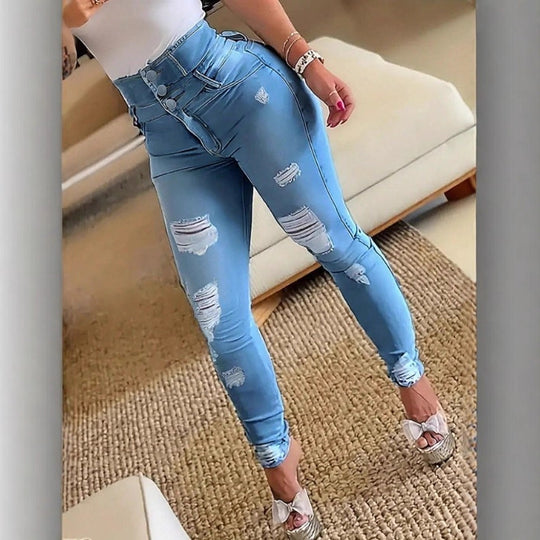 Damen Hochtaillierte Sculpting-Skinny-Jeans mit Rissen und Dreifachknopf Shop Nory