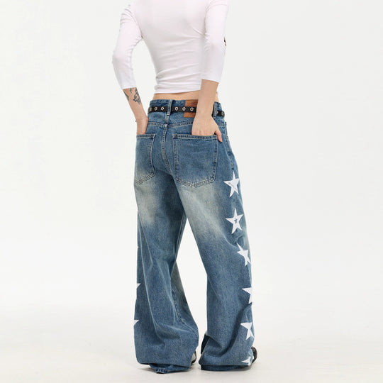 Damen Modische Weitgeschnittene Jeans mit Sternen-Design Shop Nory