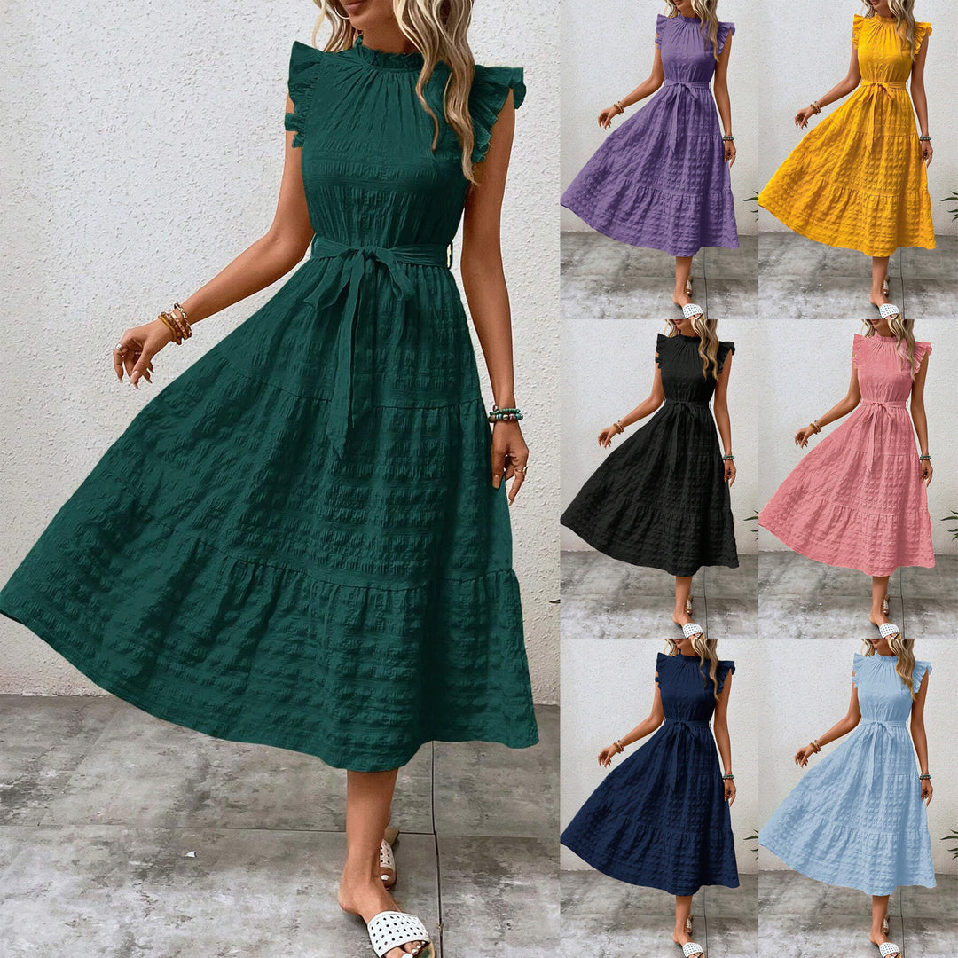 Damen Midikleid mit Stehkragen, Rüschenärmeln und Taillengürtel Shop Nory
