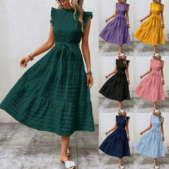 Damen Midikleid mit Stehkragen, Rüschenärmeln und Taillengürtel Shop Nory