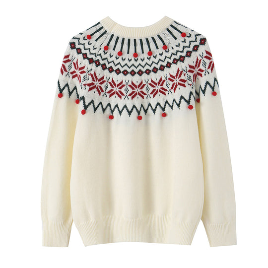 Damen Norwegermuster-Strickpullover mit Rundhalsausschnitt und dreidimensionalen Pompons Shop Nory