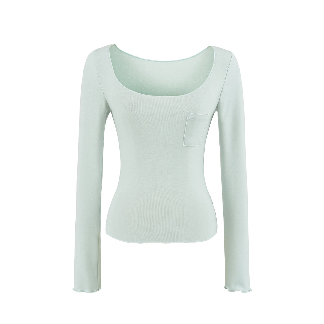 Damen Figurbetontes geripptes Langarmshirt mit weitem Quadrat-Ausschnitt und Brusttasche Shop Nory