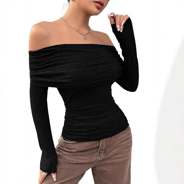Damen Schulterfreies Ripp-Longsleeve mit weitem Umschlagkragen und taillierter Silhouette Shop Nory
