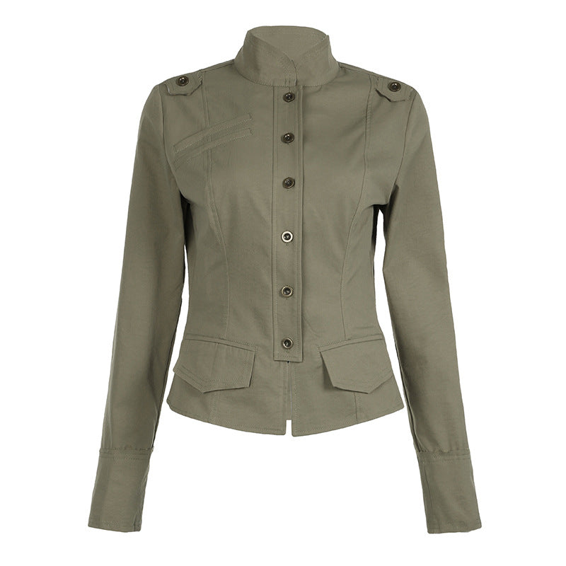 Damen nan taillierte Utility‑Militärjacke mit Stehkragen, Schulterpatten und aufgesetzten Pattentaschen Shop Nory