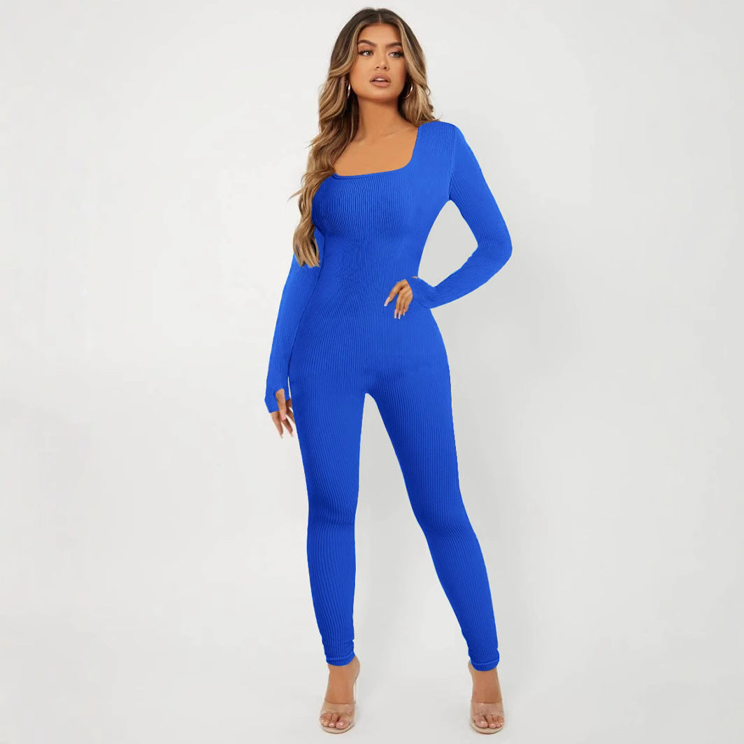 Damen Rippstrick Skinny Jumpsuit mit Quadratischem Ausschnitt, Langen Ärmeln und Daumenloch Shop Nory