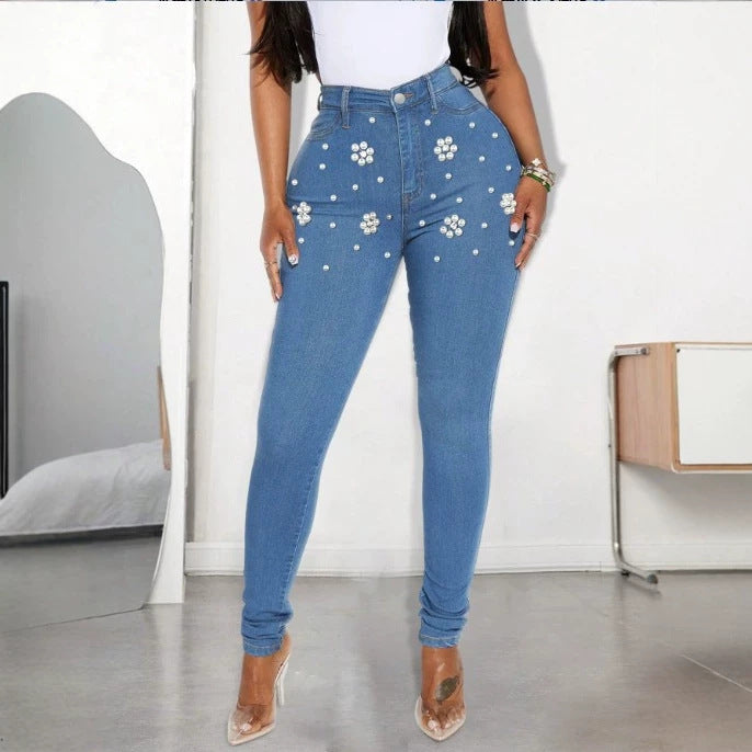 Damen Hochtaillierte figurformende Skinny-Jeans mit Perlenblüten-Applikation Shop Nory