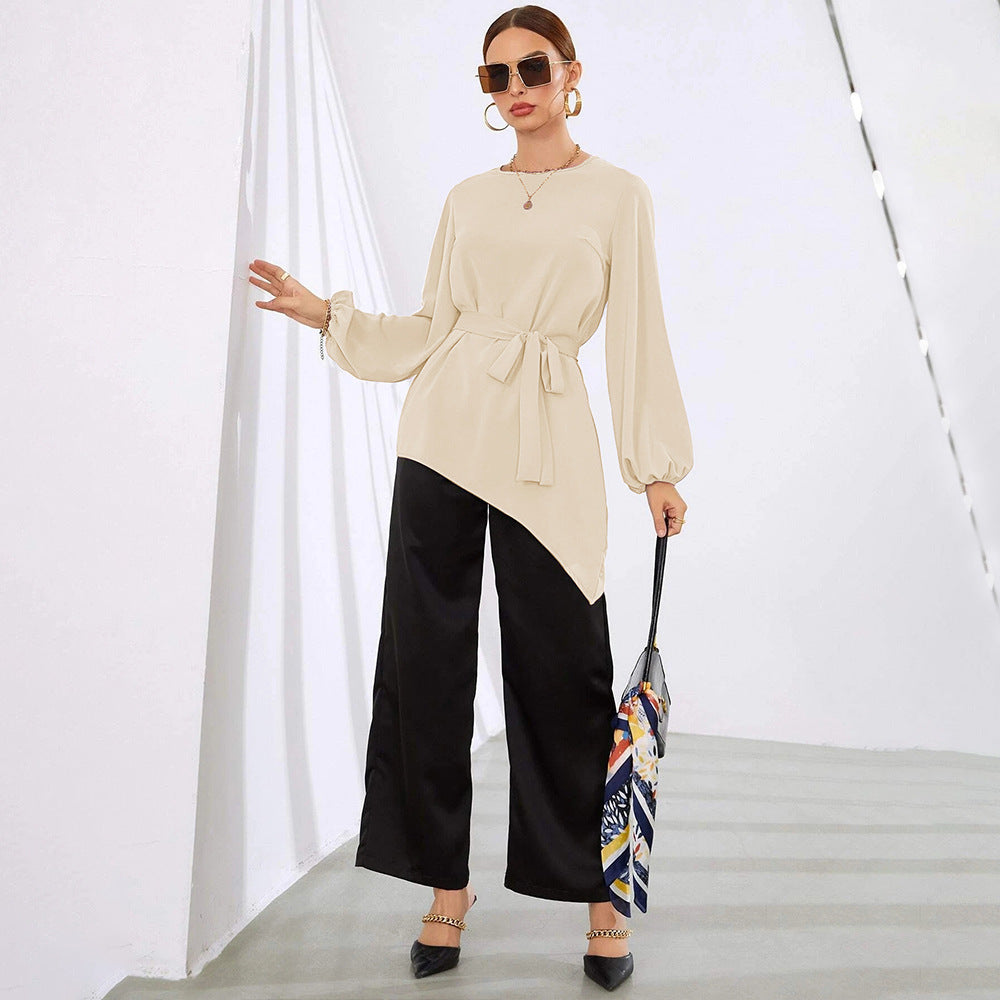 Damen asymmetrische Tunika-Bluse mit Ballonärmeln und Taillengürtel Shop Nory