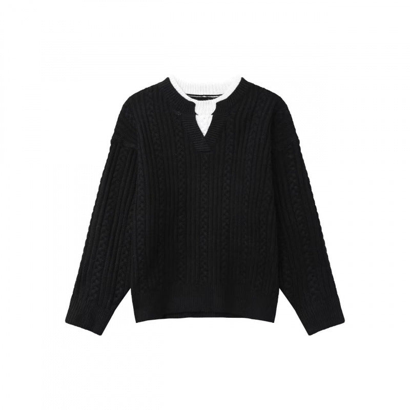 Damen Grobgestrickter Zopfmuster-Pullover mit V‑Ausschnitt und Lagen‑Optik Shop Nory