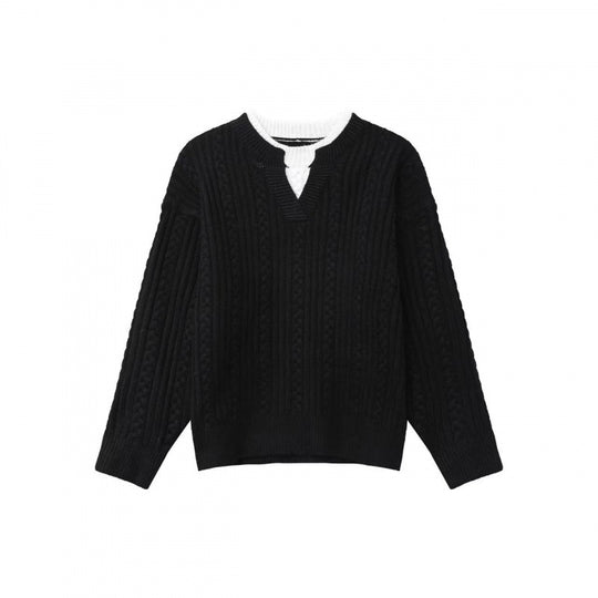 Damen Grobgestrickter Zopfmuster-Pullover mit V‑Ausschnitt und Lagen‑Optik Shop Nory