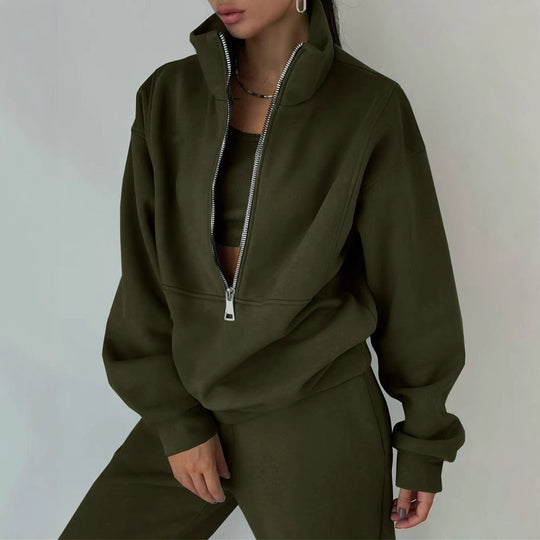 Damen Lässiger Oversized-Hoodie und Jogginghose Set mit Praktischem Reißverschluss