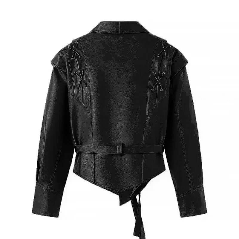 Damen Taillierte Kunstlederjacke mit Bindegürtel und Schulterschnürung Shop Nory