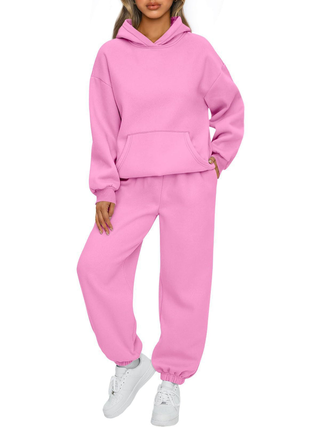 Damen nan gemütliches French-Terry Loungewear-Set mit doppellagiger Kapuze, Kängurutasche und elastischem Knöchel-Jogger Shop Nory
